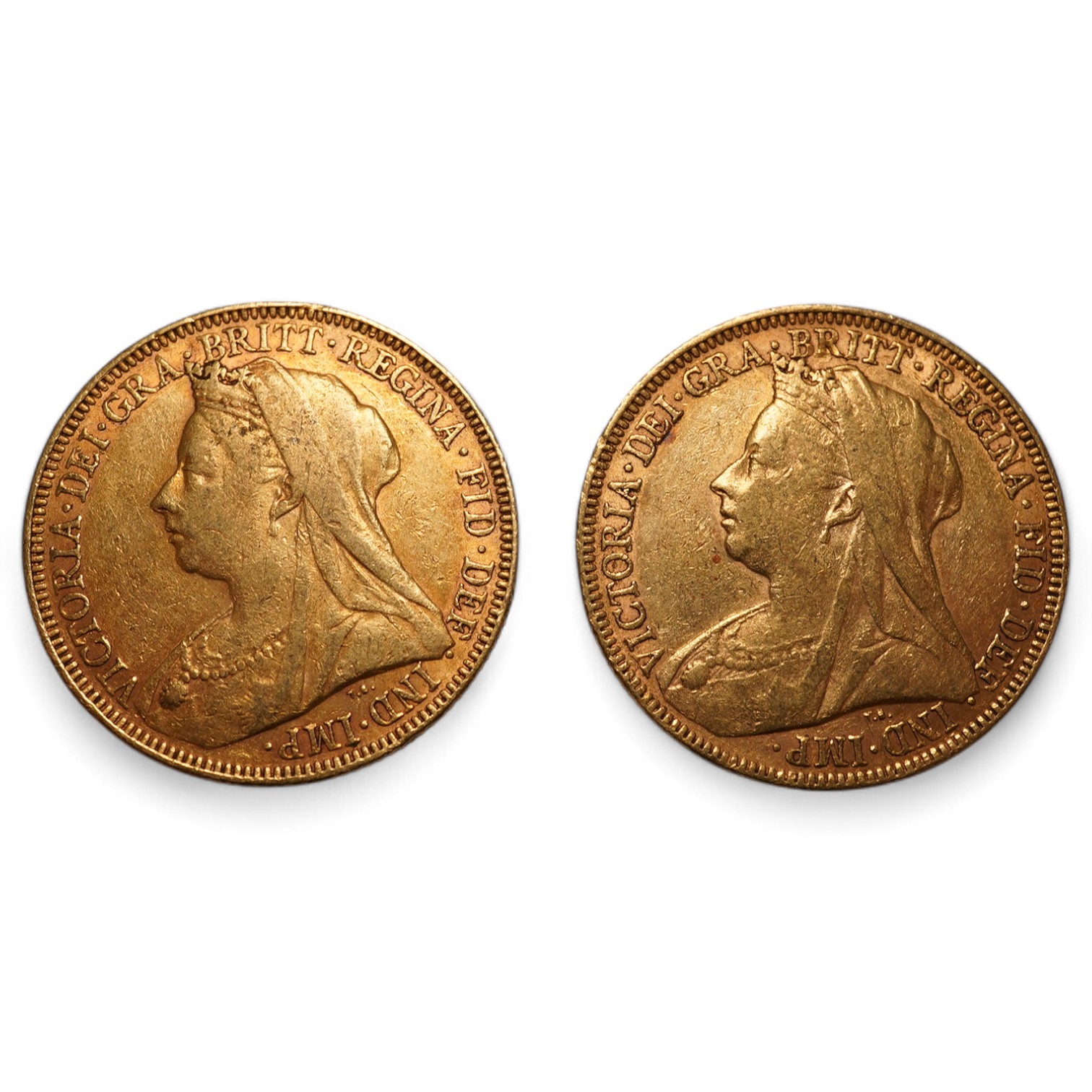 British gold coins, Victoria, two gold sovereigns, veiled head, 1894, VF and 1896, near VF